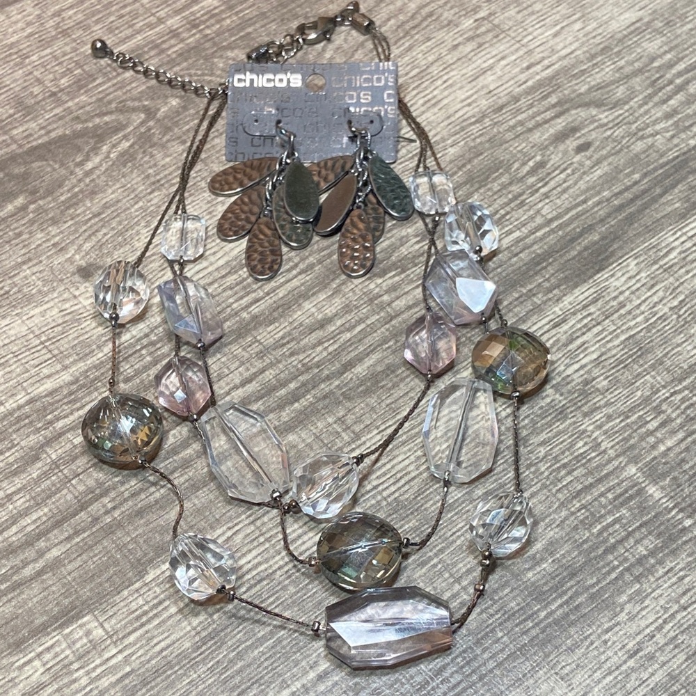 Chico's Gun Metal Multi-Strand Silver and Clear Beaded Necklace & Earrings Set
